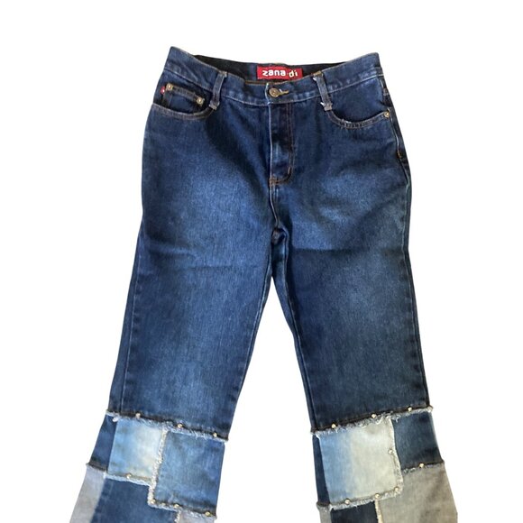 Y2K Zana Di Patchwork Flare Jeans Raw Hem Studded Skater Festival Hong Kong Sz 5 - Picture 11 of 13